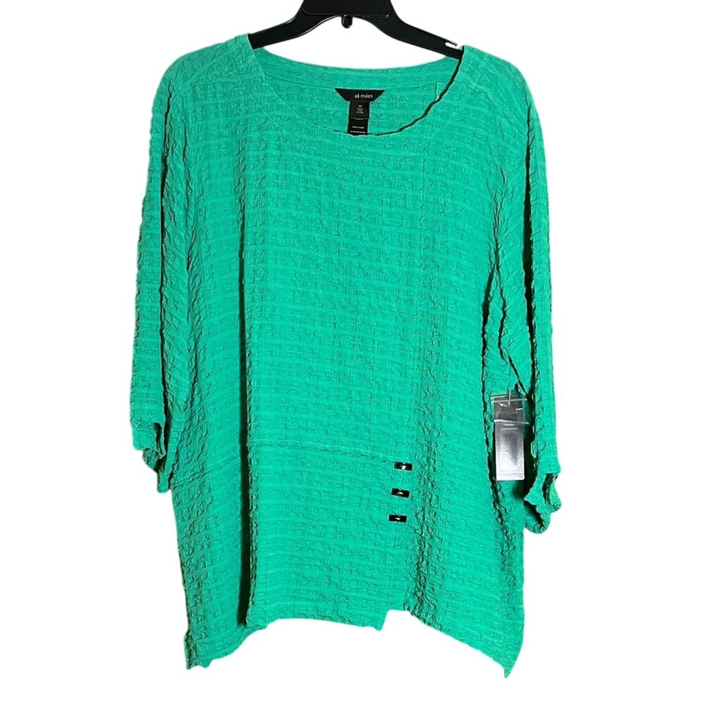 Ali Miles Seafoam Green Puckered Fabric Tunic Top 3/4 Slv Button Trim Sz 2X